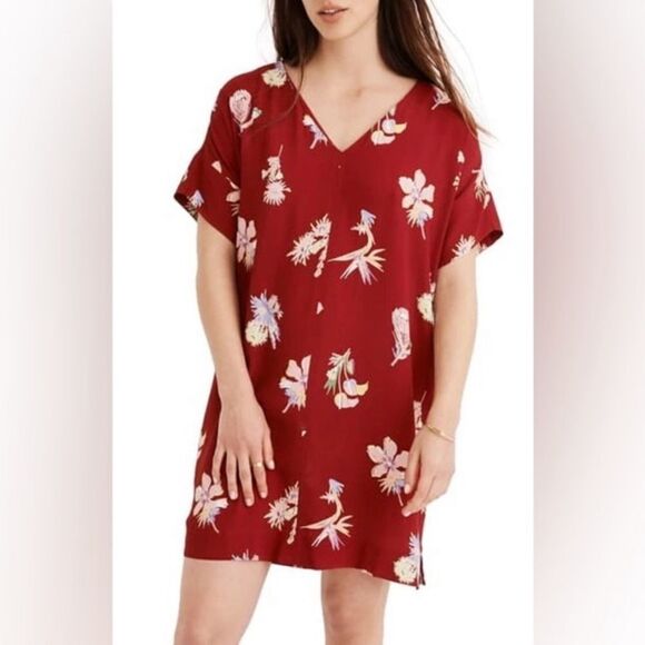 Madewell Novel Bird of Paradise Short Sleeved Dress Drape V-Neck Mini Round Hem - Picture 1 of 13